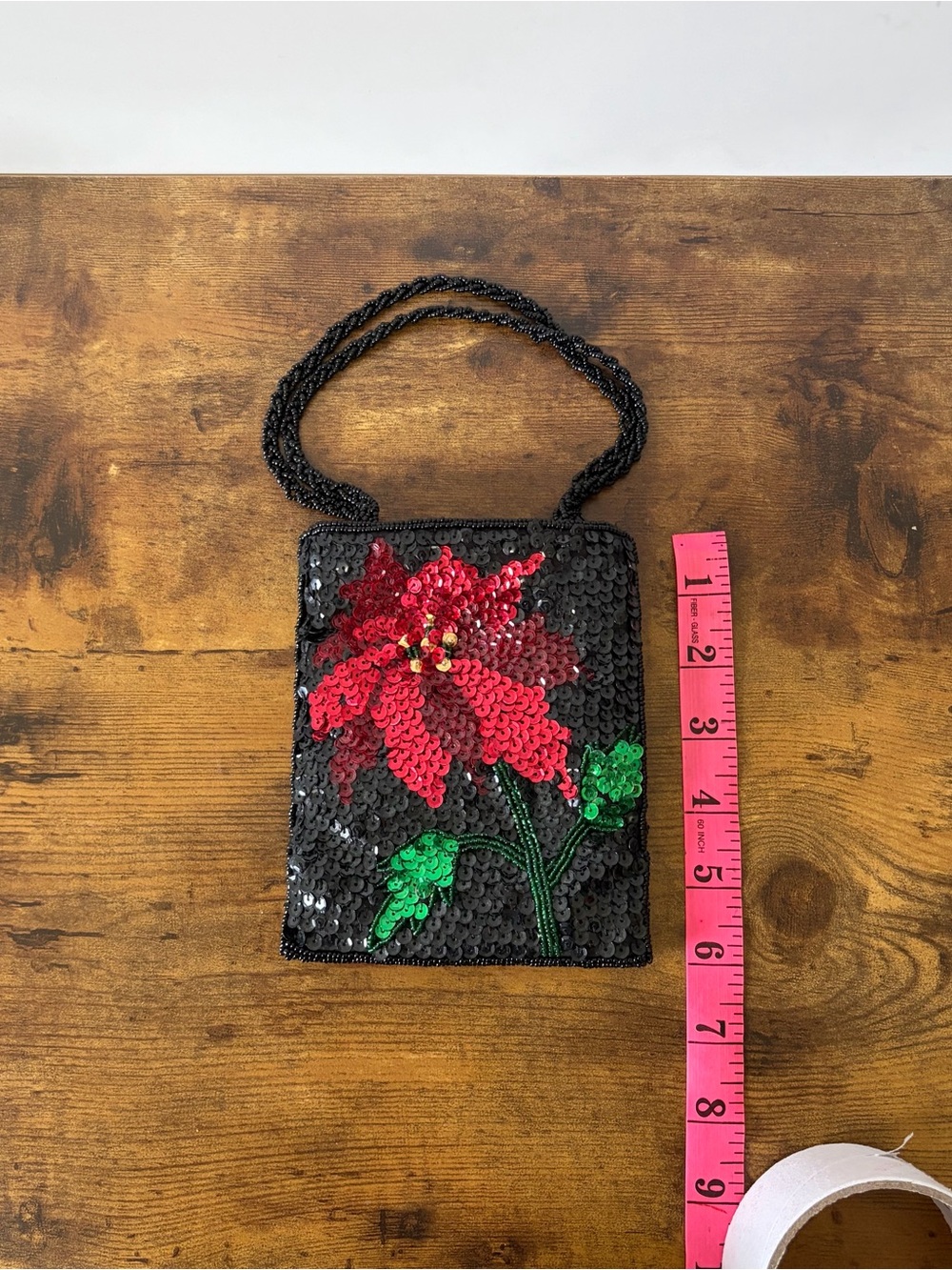 Small Vintage Sequin bag with Beaded Wrist Strap Evening purse with Zipper 6”X5” - Picture 4 of 10